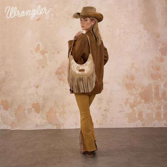 WG444-818TN - Wrangler Tan Cow Print Fringe Shoulder Hobo Bag