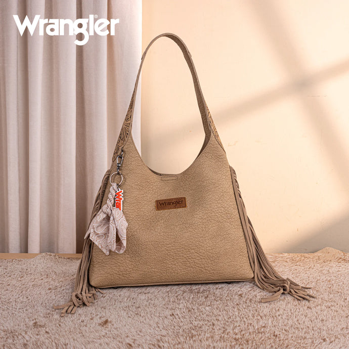 WG279-9182TN - Wrangler Fringe Floral Tooled Hobo Bag - Tan