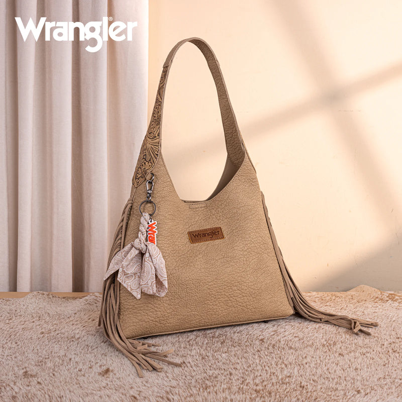 Load image into Gallery viewer, WG279-9182TN - Wrangler Fringe Floral Tooled Hobo Bag - Tan
