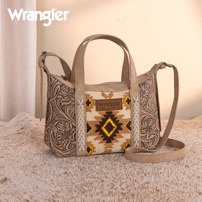 WG226-8605TN - Wrangler Tooled Aztec Pattern Print Tote/Crossbody -Tan