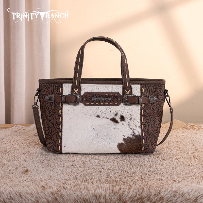 Load image into Gallery viewer, TR199-8122CF - Trinity Ranch Genuine Hair-On Cowhide Tooled Tote/Crossbody - Coffee
