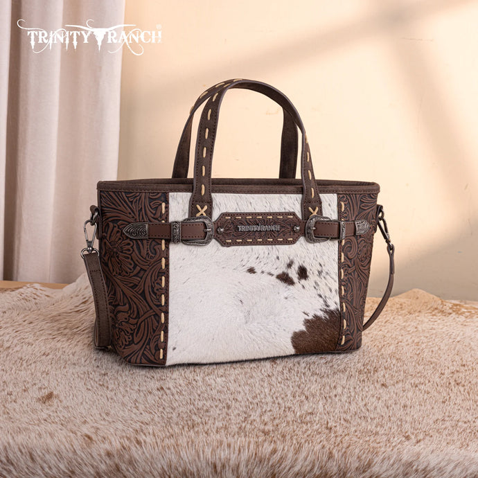 TR199-8122CF - Trinity Ranch Genuine Hair-On Cowhide Tooled Tote/Crossbody - Coffee