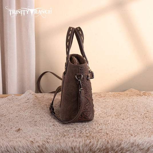 TR199-8122CF - Trinity Ranch Genuine Hair-On Cowhide Tooled Tote/Crossbody - Coffee