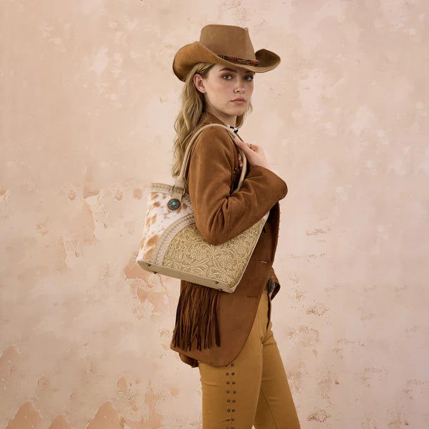 Load image into Gallery viewer, MW1365-8005TN - Montana West Tan Tooled &amp; Cowhide Whipstitch Tote Bag
