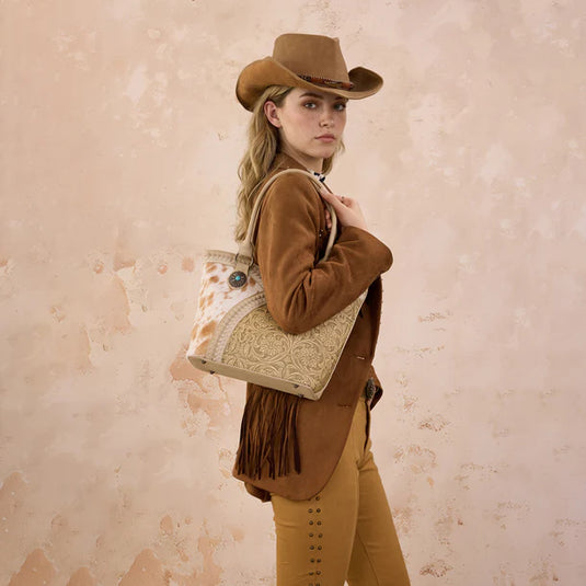 MW1365-8005TN - Montana West Tan Tooled & Cowhide Whipstitch Tote Bag