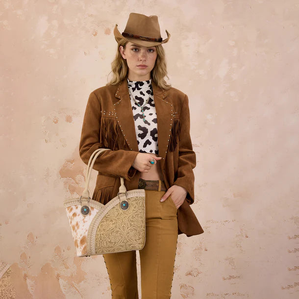 Load image into Gallery viewer, MW1365-8005TN - Montana West Tan Tooled &amp; Cowhide Whipstitch Tote Bag
