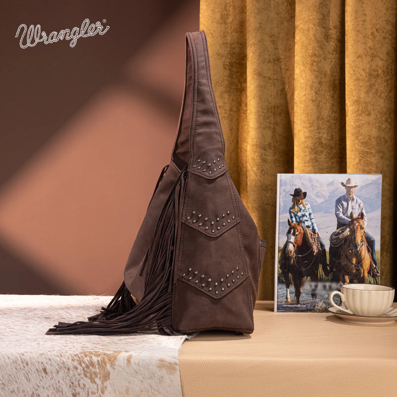 Load image into Gallery viewer, WG244-9182CF - Wrangler Fringe Studded Hobo Bag - Coffee
