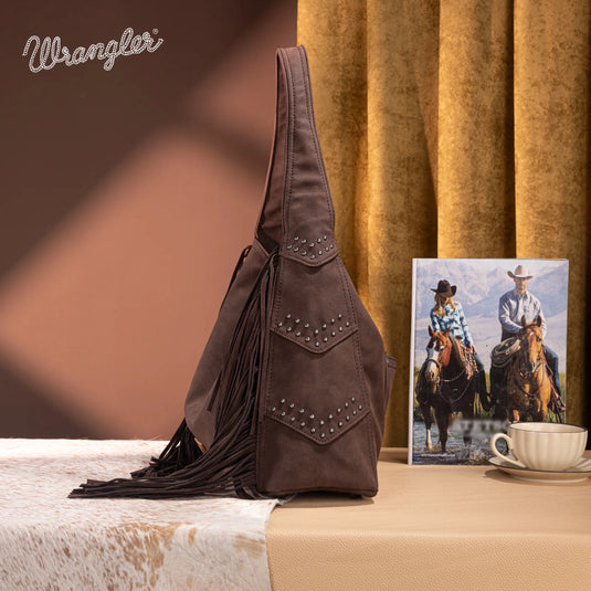WG244-9182CF - Wrangler Fringe Studded Hobo Bag - Coffee