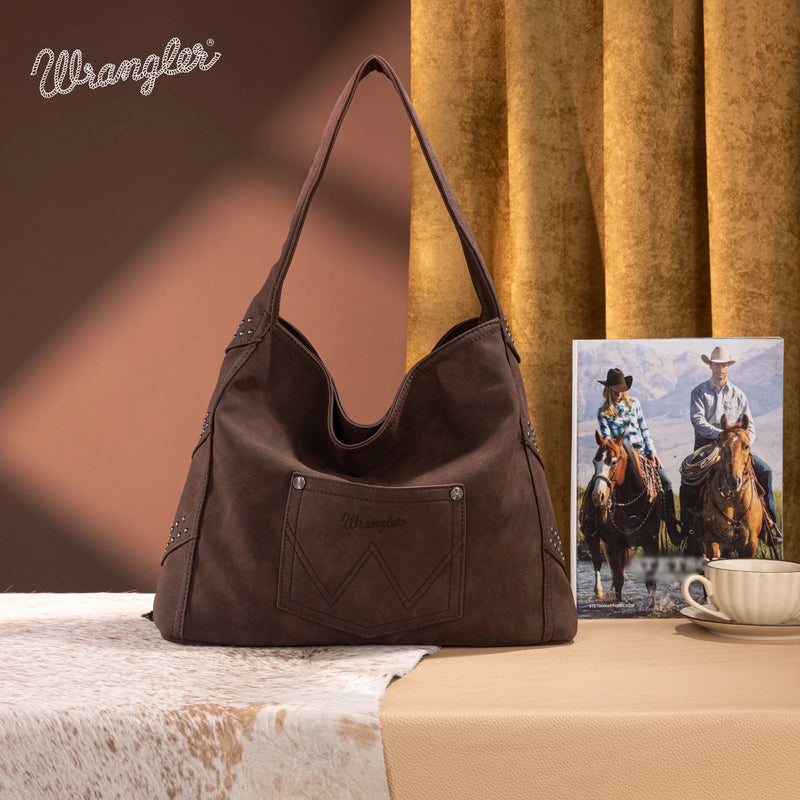 Load image into Gallery viewer, WG244-9182CF - Wrangler Fringe Studded Hobo Bag - Coffee
