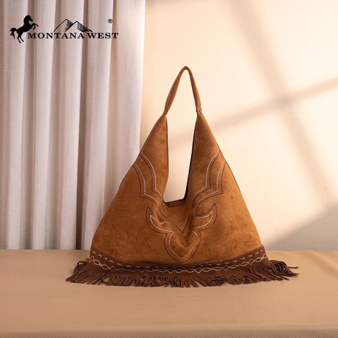 MW1341-9182BR - Montana West Boot Stitch Fringe Large Hobo Bag - Brown