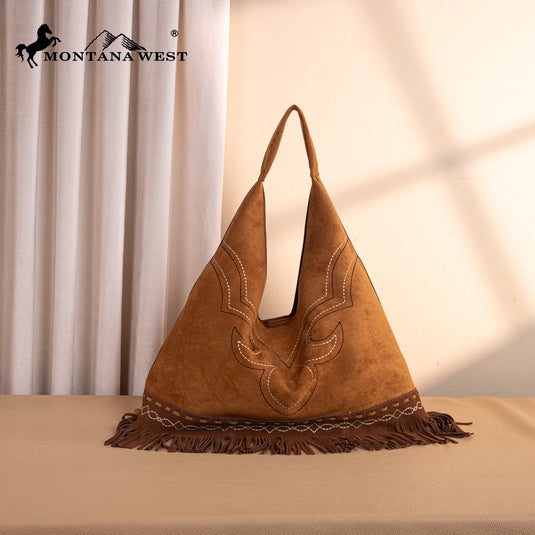 MW1341-9182BR - Montana West Boot Stitch Fringe Large Hobo Bag - Brown