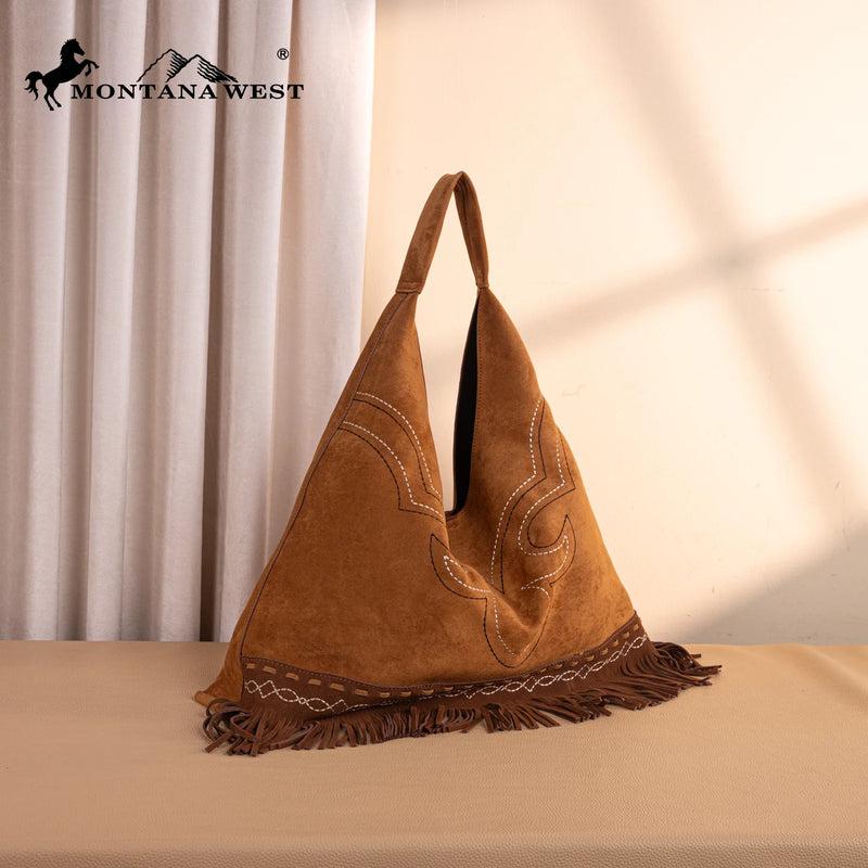 Load image into Gallery viewer, MW1341-9182BR - Montana West Boot Stitch Fringe Large Hobo Bag - Brown
