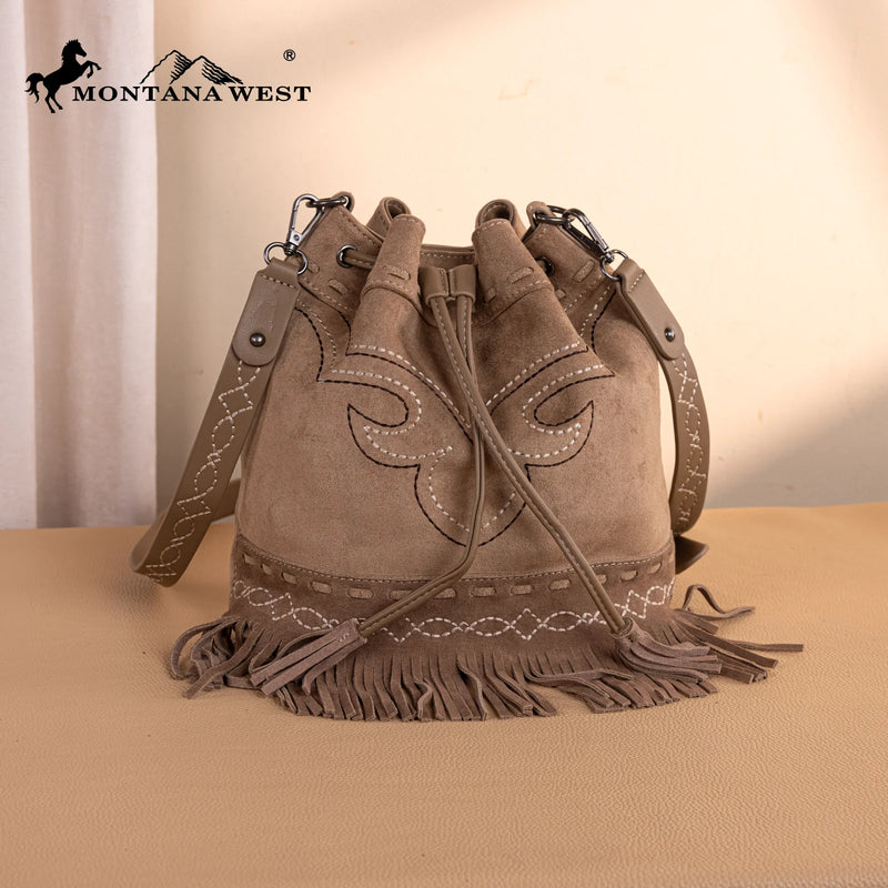 Load image into Gallery viewer, MW1341-8311KH - Montana West Boot Stitch Fringe Drawstring Crossbody Bag - Khaki
