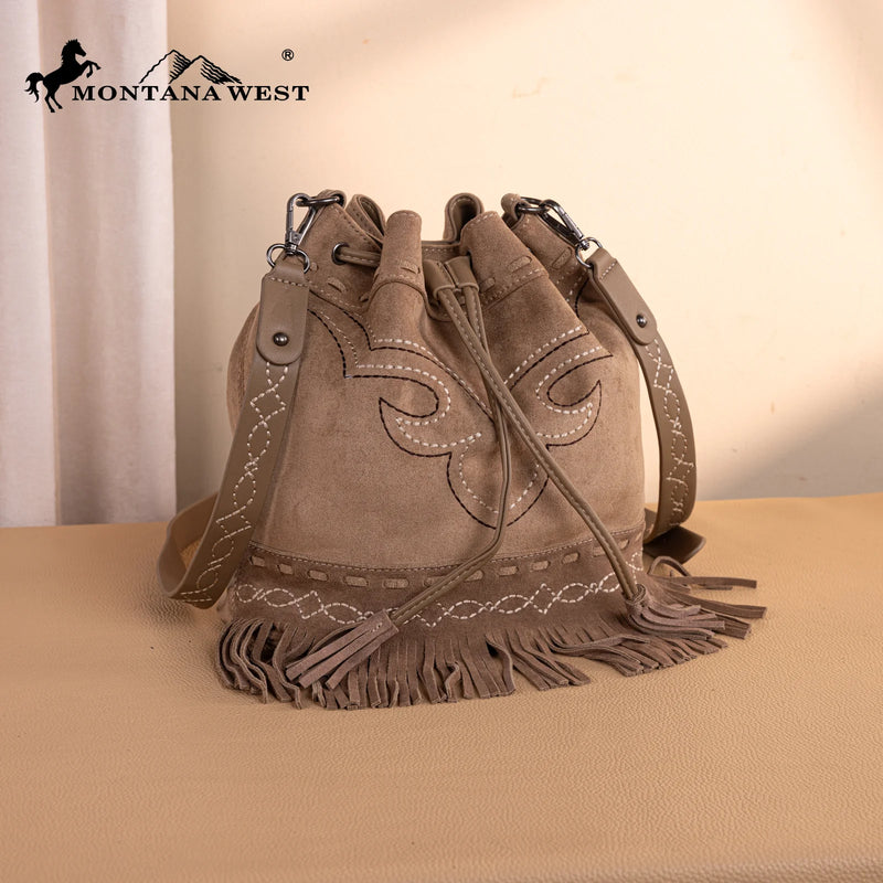 Load image into Gallery viewer, MW1341-8311KH - Montana West Boot Stitch Fringe Drawstring Crossbody Bag - Khaki
