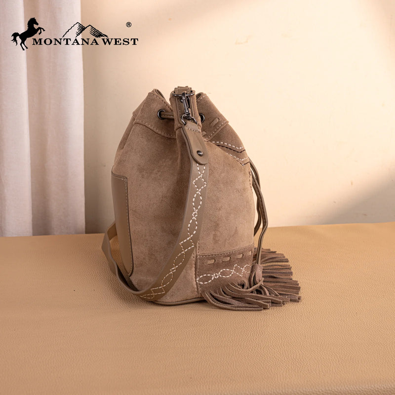 Load image into Gallery viewer, MW1341-8311KH - Montana West Boot Stitch Fringe Drawstring Crossbody Bag - Khaki
