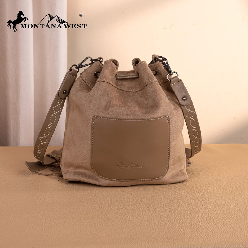Load image into Gallery viewer, MW1341-8311KH - Montana West Boot Stitch Fringe Drawstring Crossbody Bag - Khaki
