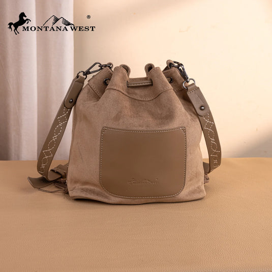 MW1341-8311KH - Montana West Boot Stitch Fringe Drawstring Crossbody Bag - Khaki