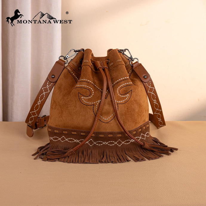 MW1341-8311BR - Montana West Boot Stitch Fringe Drawstring Crossbody Bag - Brown