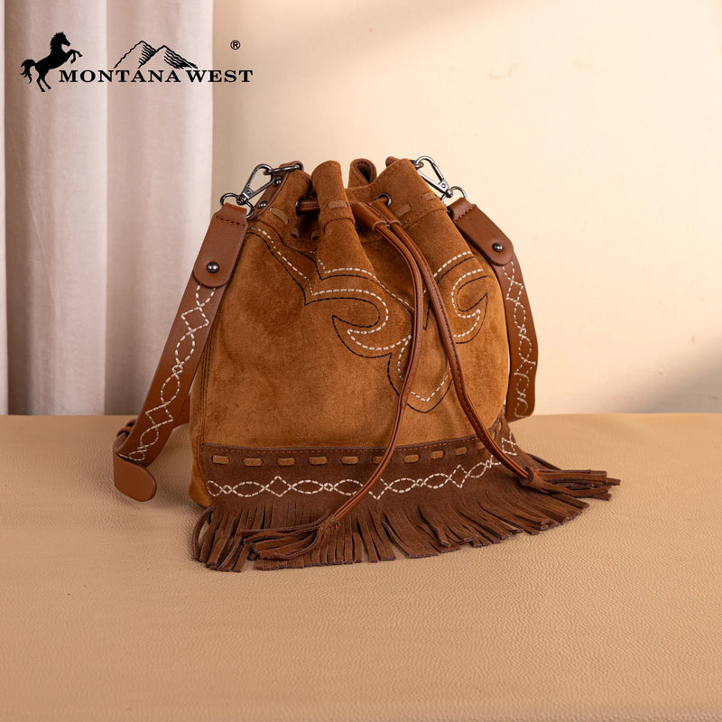 Load image into Gallery viewer, MW1341-8311BR - Montana West Boot Stitch Fringe Drawstring Crossbody Bag - Brown
