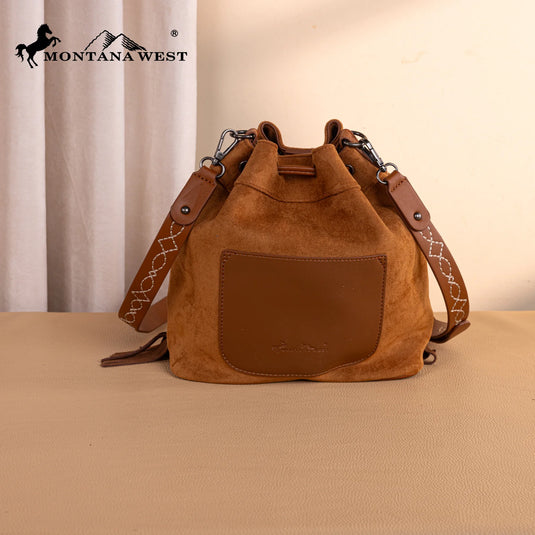 MW1341-8311BR - Montana West Boot Stitch Fringe Drawstring Crossbody Bag - Brown