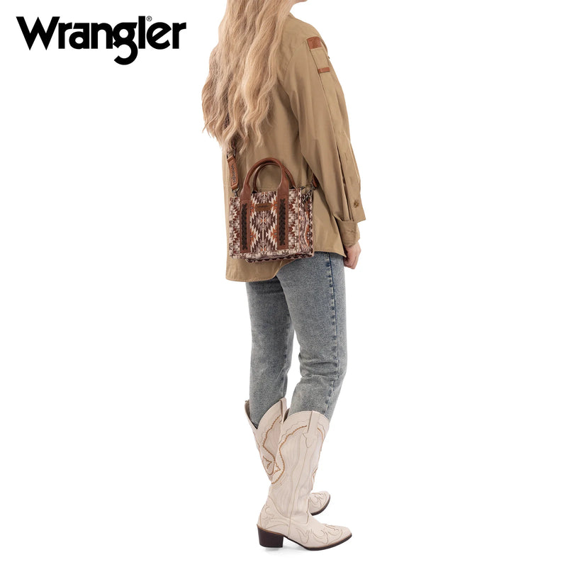 Load image into Gallery viewer, WG2213-8866SBR - Wrangler Southwestern Pattern Dual Sided Print Mini Tote/Crossbody - Brown
