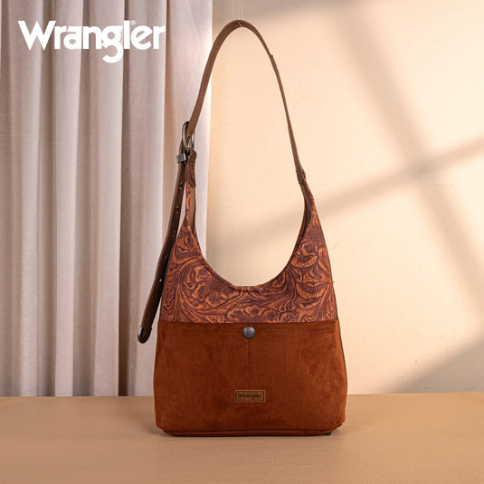 WG277-9182BR - Wrangler Vintage Floral Printed Hobo Bag - Brown