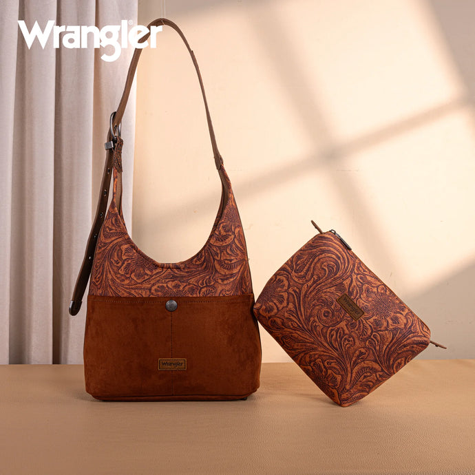 WG277-9182BR - Wrangler Vintage Floral Printed Hobo Bag - Brown