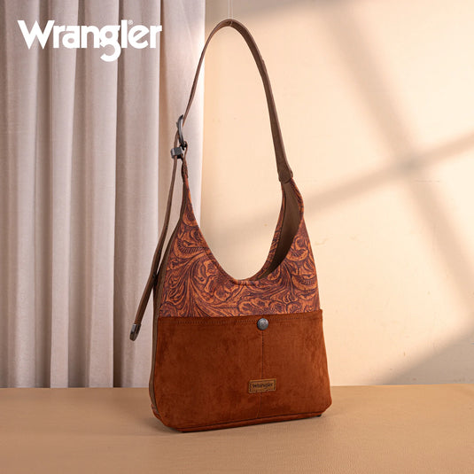 WG277-9182BR - Wrangler Vintage Floral Printed Hobo Bag - Brown