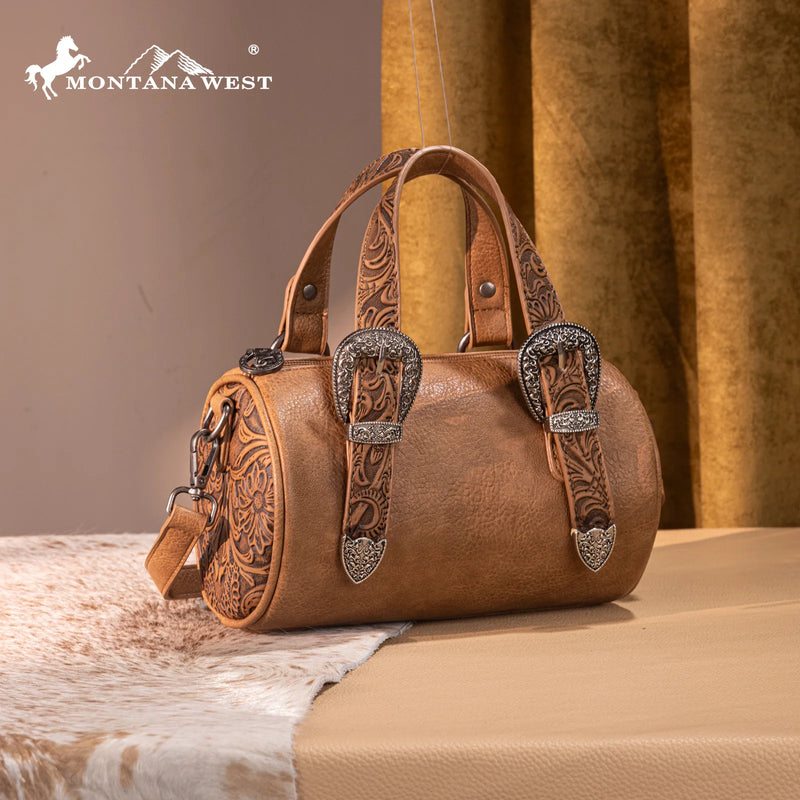 Load image into Gallery viewer, MW1338-8802LBR - Montana West Western Tooled Mini Barrel Crossbody
