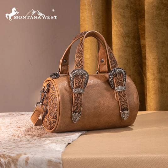 MW1338-8802LBR - Montana West Western Tooled Mini Barrel Crossbody