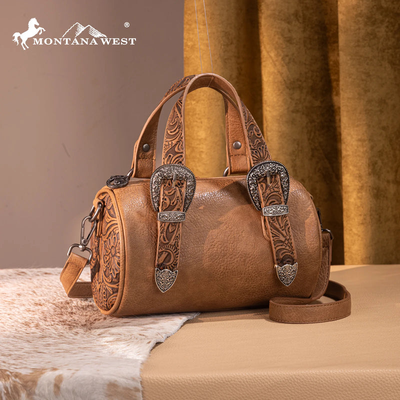 Load image into Gallery viewer, MW1338-8802LBR - Montana West Western Tooled Mini Barrel Crossbody
