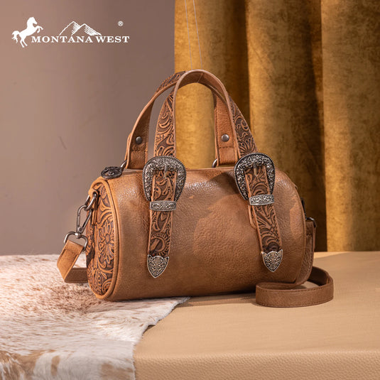 MW1338-8802LBR - Montana West Western Tooled Mini Barrel Crossbody