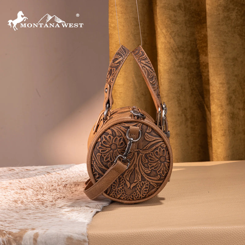 Load image into Gallery viewer, MW1338-8802LBR - Montana West Western Tooled Mini Barrel Crossbody
