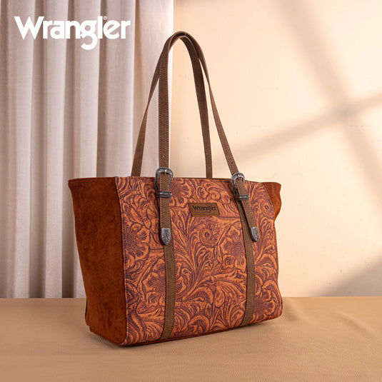 WG277-2002BR - Wrangler Vintage Floral Printed Large Tote Bag - Brown