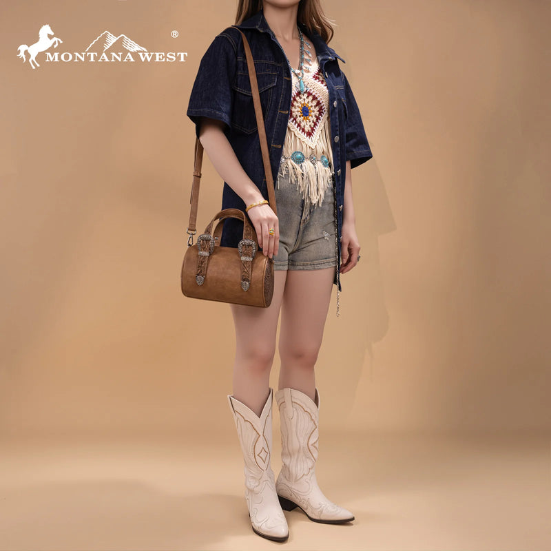 Load image into Gallery viewer, MW1338-8802LBR - Montana West Western Tooled Mini Barrel Crossbody
