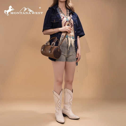 MW1338-8802LCF - Montana West Western Tooled Mini Barrel Crossbody