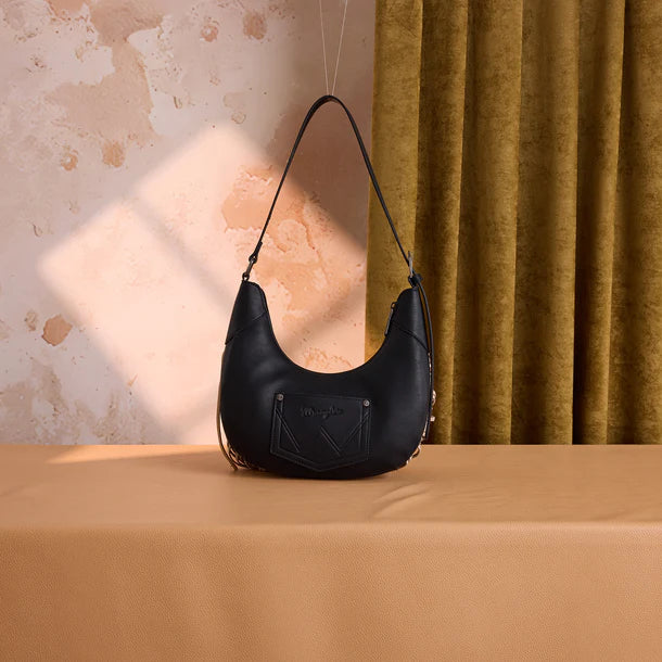 Load image into Gallery viewer, WG444-818BK - Wrangler Black Cow Print Fringe Shoulder Hobo Bag
