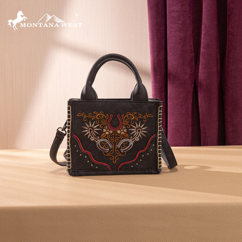 Load image into Gallery viewer, MW1352-8121BK - Montana West Western Embroidered Mini Tote Crossbody - Black
