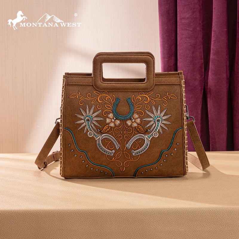 Load image into Gallery viewer, MW1352-8122BR - Montana West Western Embroidered Top Handle Tote Crossbody - Brown
