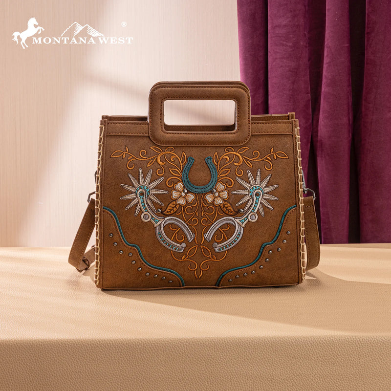 Load image into Gallery viewer, MW1352-8122BR - Montana West Western Embroidered Top Handle Tote Crossbody - Brown
