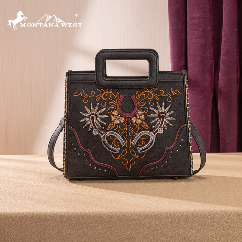 Load image into Gallery viewer, MW1352-8122BK - Montana West Western Embroidered Top Handle Tote Crossbody - Black
