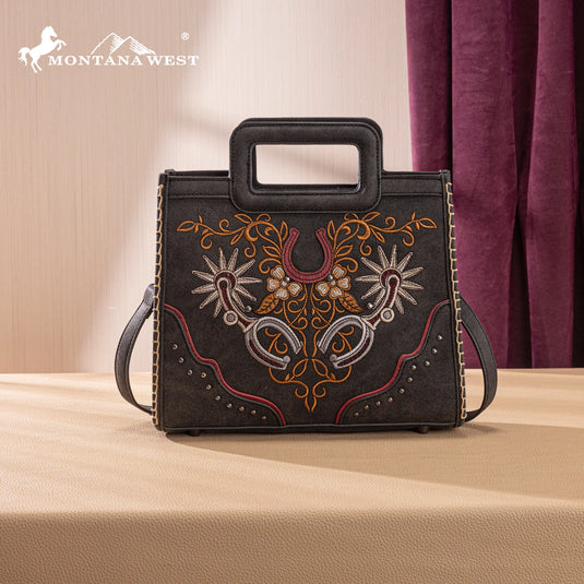 MW1352-8122BK - Montana West Western Embroidered Top Handle Tote Crossbody - Black