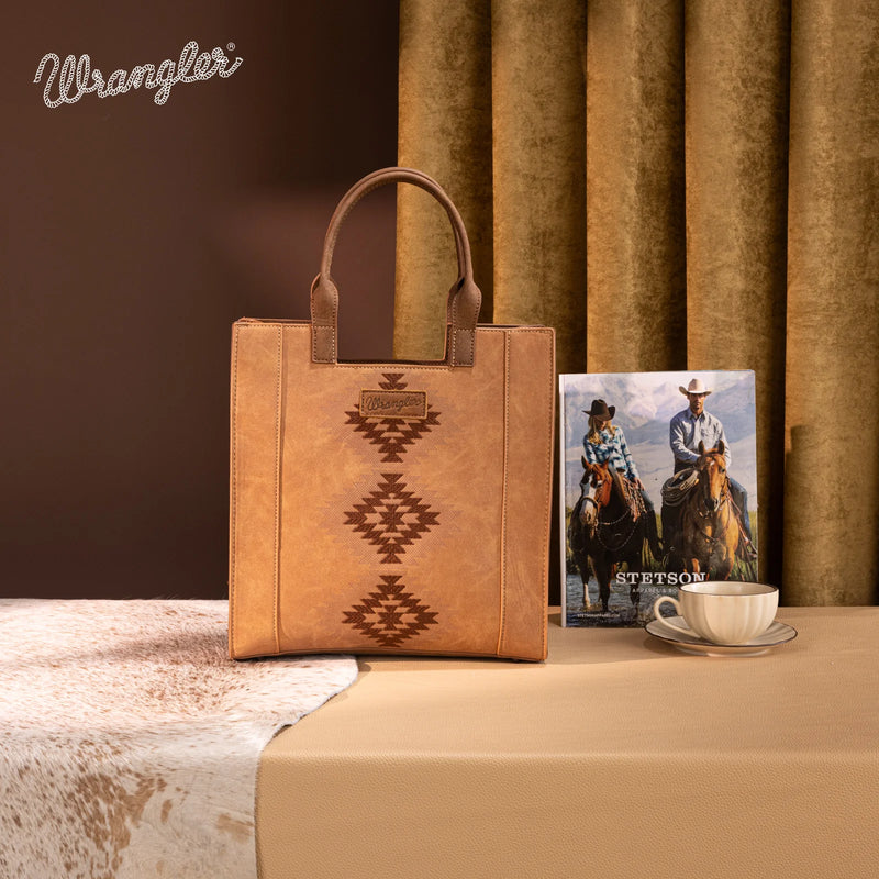 Load image into Gallery viewer, WG218-8900BR - Wrangler Aztec Embroidered Tote Bag/Crossbody- Brown

