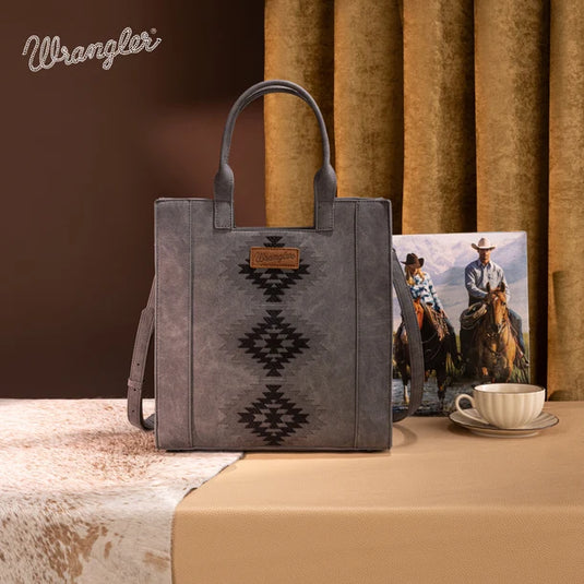 WG218-8900BK - Wrangler Aztec Embroidered Tote Bag/Crossbody - Black