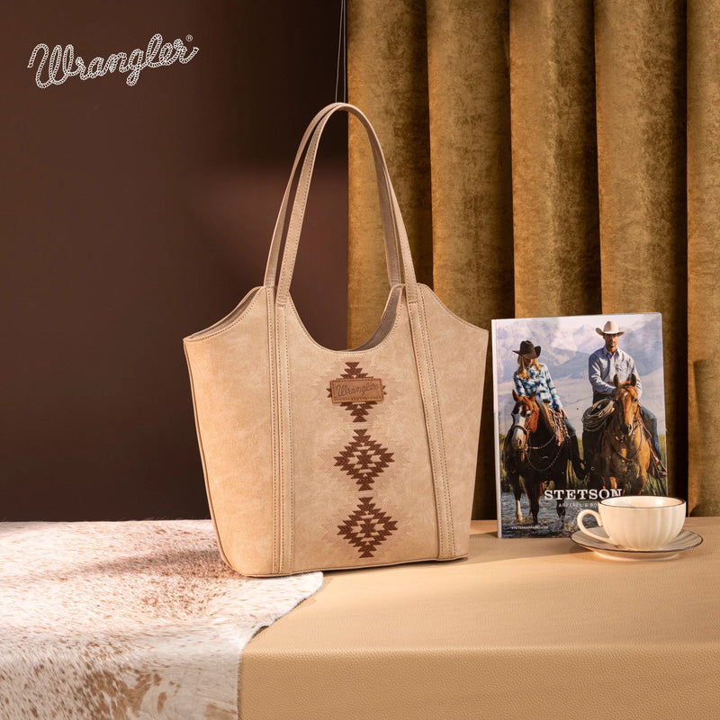Load image into Gallery viewer, WG218-8250TN - Wrangler Aztec Embroidered Tote Bag - Tan
