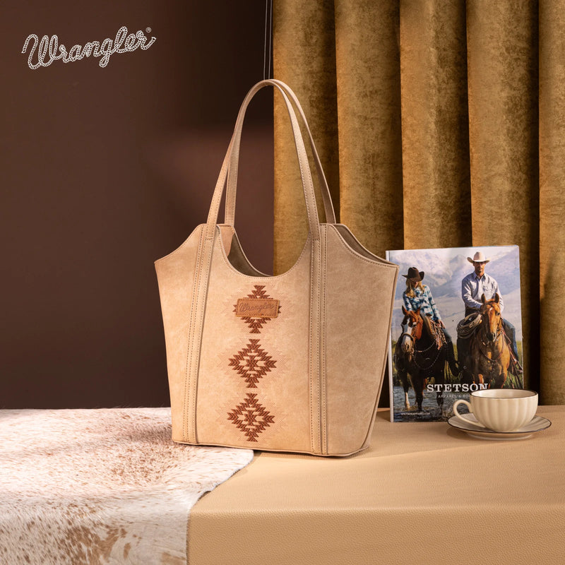 Load image into Gallery viewer, WG218-8250TN - Wrangler Aztec Embroidered Tote Bag - Tan
