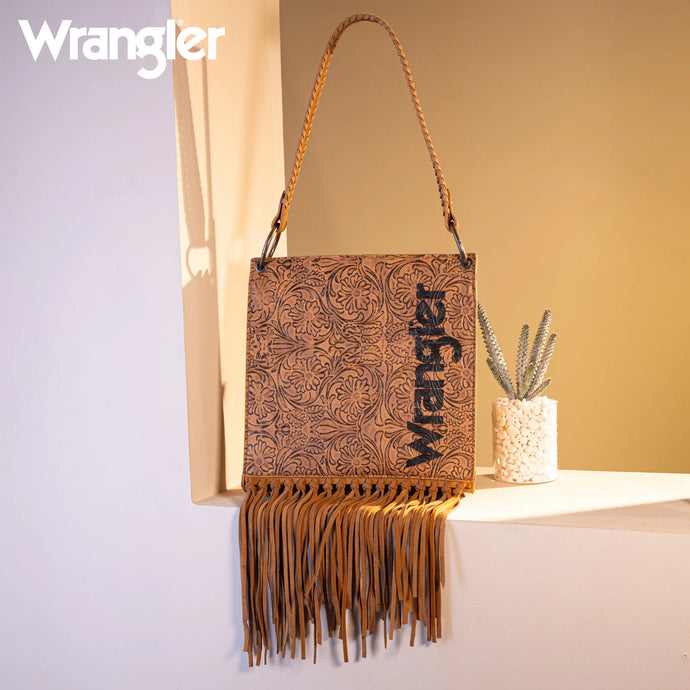 WG45G-918LBR - Wrangler Floral Embossed Fringe Concealed Carry Hobo/Crossbody - Light Brown