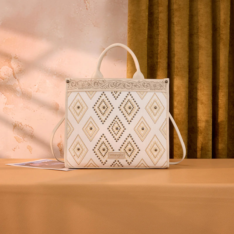 Load image into Gallery viewer, WG435-8119BG - Wrangler Beige Aztec Studded Denim Tote &amp; Crossbody Bag
