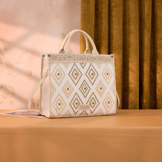 WG435-8119BG - Wrangler Beige Aztec Studded Denim Tote & Crossbody Bag
