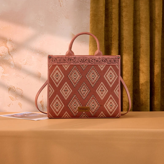WG435-8119PK -  Wrangler Pink Aztec Studded Denim Tote & Crossbody Bag